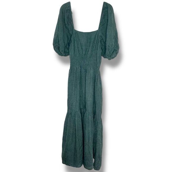 Ann Mashburn Dark Green Square Neck Puff Sleeve Linen Maxi Dress Women’s Size M - Picture 6 of 14